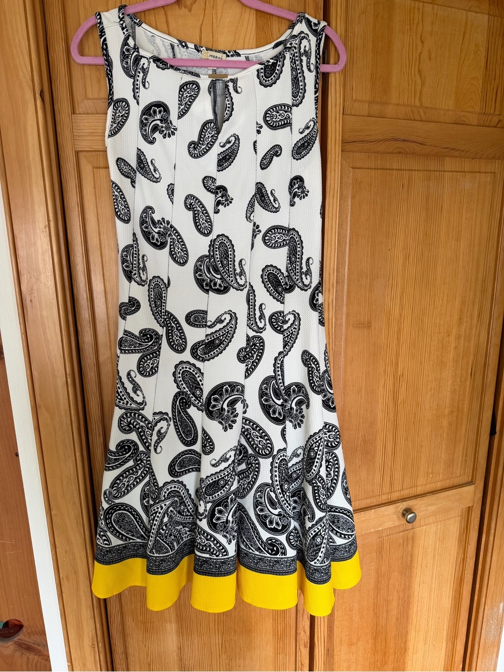 White & Black Paisley Fit-and-Flare Skirt with Yellow Hem
